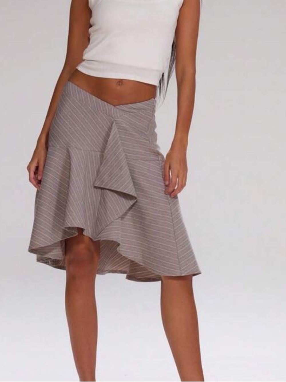 Asymmetrical Taupe Stripe High-Low Ruffle Skirt